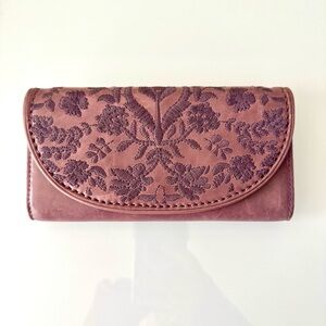 The Sak Leather Embroidered Flap Wallet | Boho Mauve Plum | Snap Closure